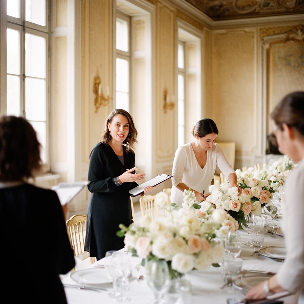 Wedding planner e floral designer coordinano l'allestimento di una mise en place in una villa storica italiana